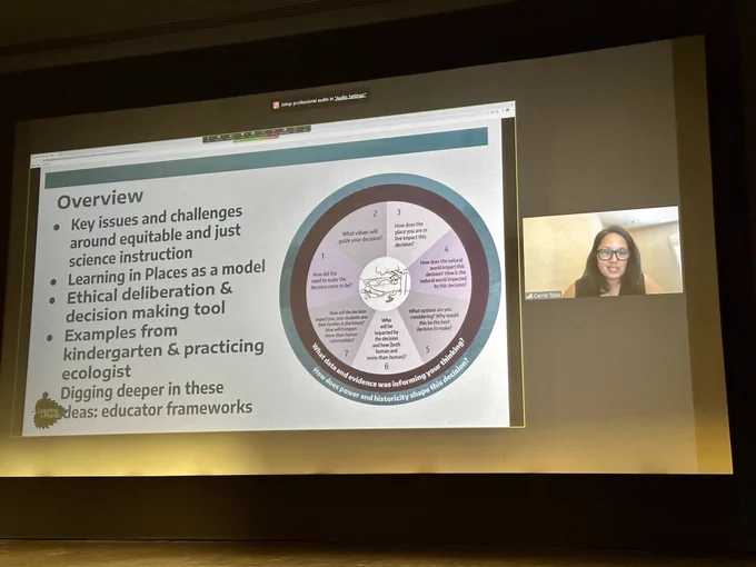 Picture of Dr. Carrie Tzou presenting over Zoom with an overview slide of her presentation. 
