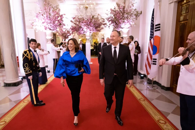 Vice President Harris and the Second Gentleman are pictured arriving at the State Dinner.