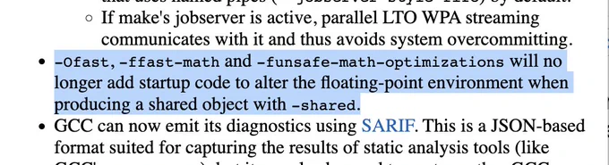 -Ofast, -ffast-math and -funsafe-math-optimizations will no longer add startup code to alter the floating-point environment when producing a shared object with -shared.