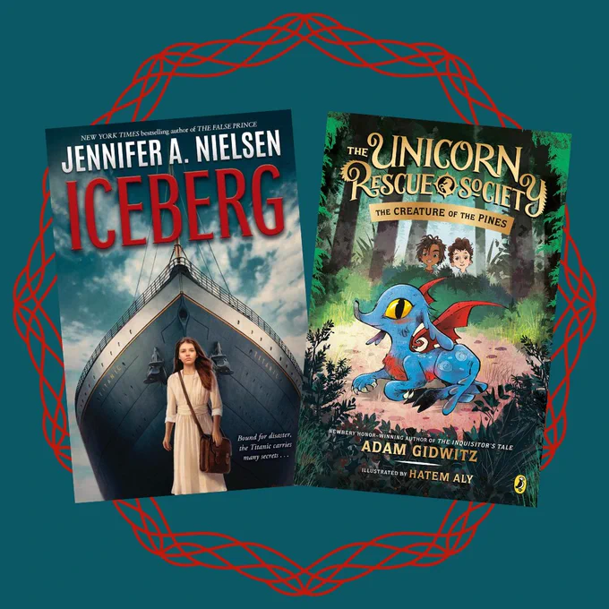 Covers of Iceberg by Jennifer A. Nielsen and Unicorn Rescue Society: The Creature of the Pines by Adam Gidwitz