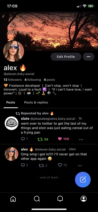 My bluesky account. Handle = @alexan.bsky.social