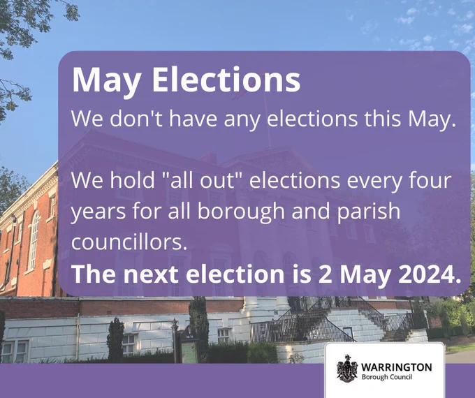 Town hall in the background.
We don't any elections this May, we hold "all out" elections every 4 years with the next one on 2 May 2024.