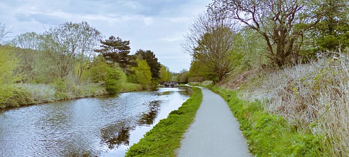 A view of the canal from the towpath in Cromwell Bottom Nature Reserve Brighouse. 