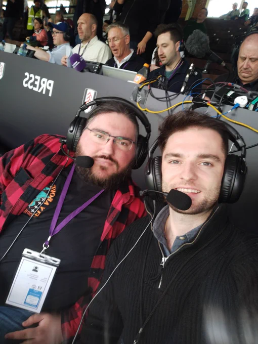 Alex (left) and Sam (right) Mic'd up in their commentary position pre-game