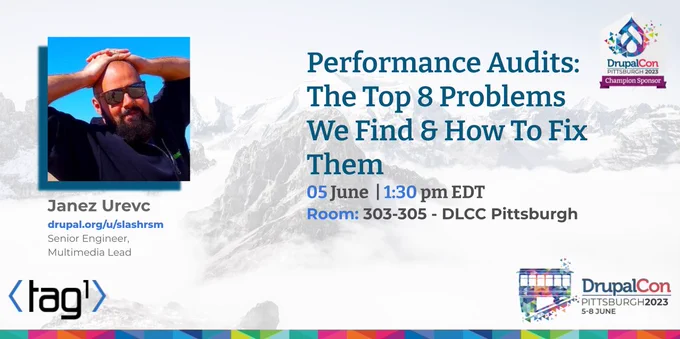 Card with an image of Janez Urevc, speaker and senior engineer at Tag1 Consulting - talking about Performance Audits at DrupalCon Pittsburg in June.