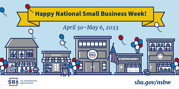 Text: Happy National Small Business Week! April 30-May 6, 2023. Illustration of a street made up of small businesses.
