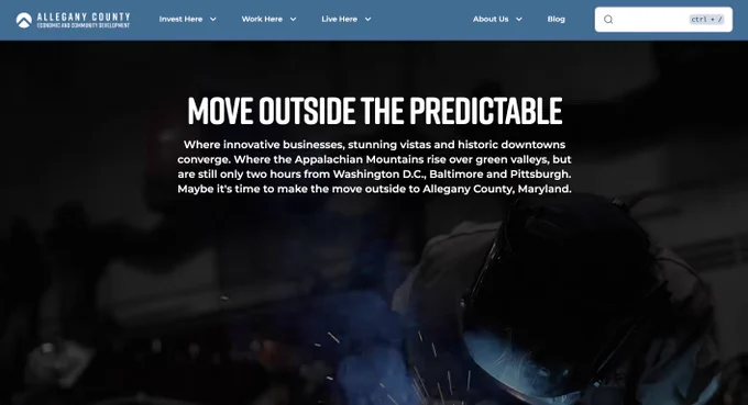 A screenshot showcasing the hero section of Allegany County's new website at https://www.alleganyworks.org/