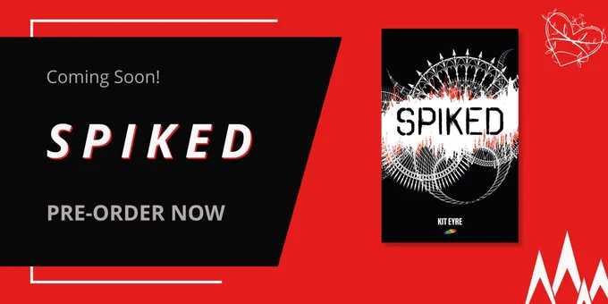 red and black banner featuring a book cover. it is black with a white stripe down the middle and features a spiral of spikes and text saying spiked