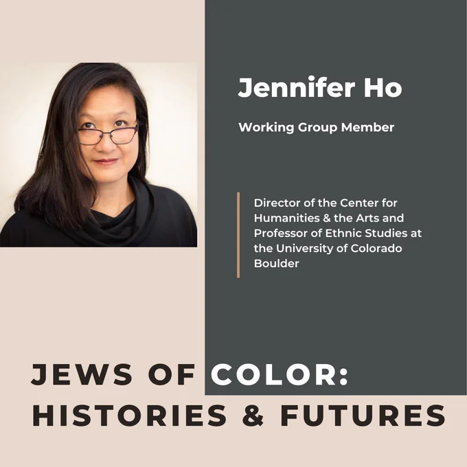 Dark grey and off-white graphic with image of Jennifer Ho and list of professional titles