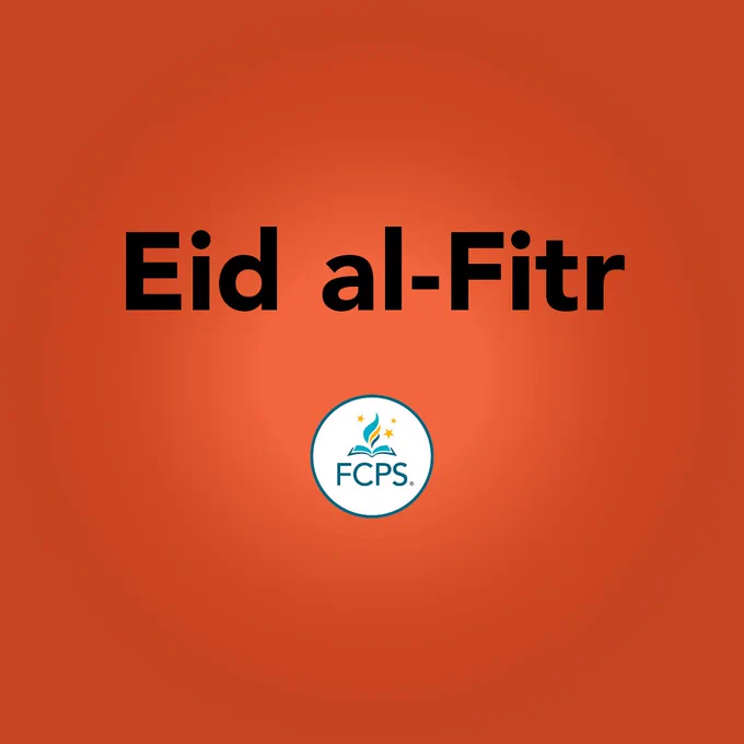 Text: "Eid al-Fitr" on an orange background. The FCPS logo appears in a white circle in the bottom center.