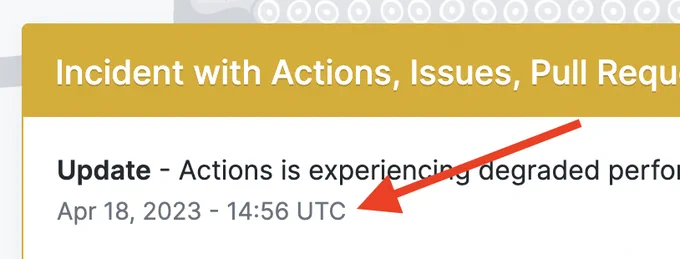 Screenshot of githubstatus.com showing a current incident today and the current time.