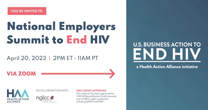 Image text reads: National Employers Summit to End HIV. April 20, 2023. 2pm ET. Via Zoom. US Business Action to End HIV