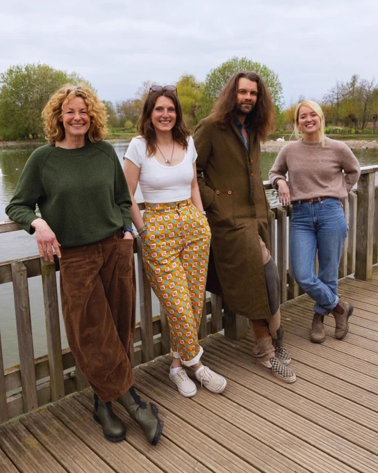 Kate Humble, Lucy Lapwing, Fyfe Dangerfield and Kitty Macfarlane on the boardwalk at WWT Slimbridge Wetland Centre.