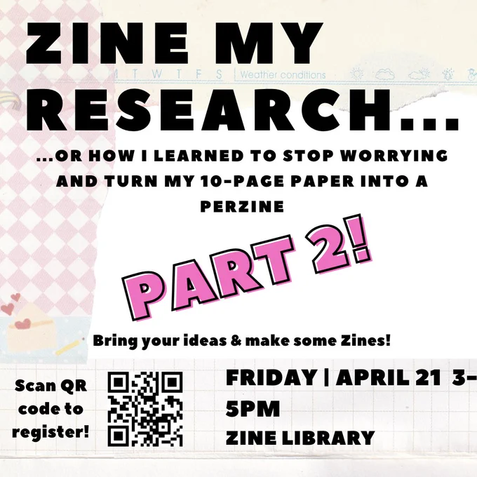 Various patterns are in the background. "Zine My Research..." is written above the patterns in black text. "Part 2!" is written underneath in pink text.