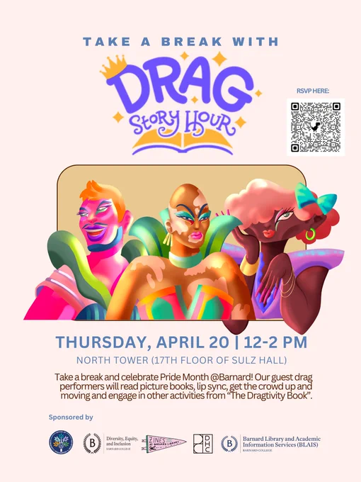 Three drag queens are shown in the center of the image. The one on the left has pink skin, short orange hair, and a green shawl. The drag queen in the center has vitiligo, a green choker, and an orange and green top. The drag queen on the right has dark skin, pink hair with a blue bow, and a purple dress. "Drag Story Hour" is written above the three drag queens.