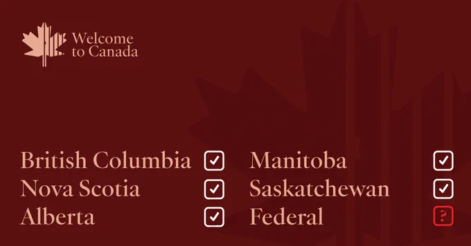 check marks for five provinces that have cancelled and a question mark for the federal government