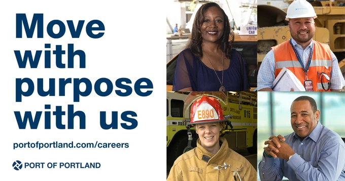 Port recruitment graphic says "Move with purpose with us"