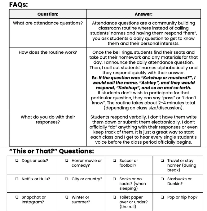 Screenshot of worksheet used to generate daily attendance questions. Includes an FAQ section explaining the practice and examples of "This or That" questions to ask students like "Dogs or cats?" and "Winter or summer?"
