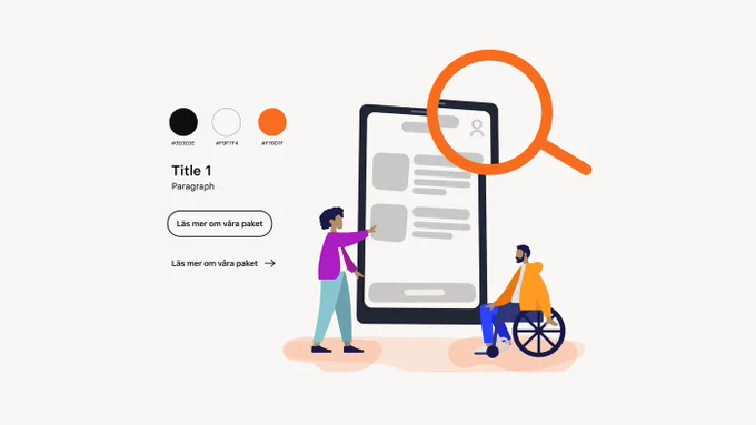 A visual presentation of our services as UX/UI designers. A man in a wheelchair and a woman standing in front of an enlarged mobile device. On-screen, there are wireframes that the woman is pointing at. There's an enlarged magnifying glass in the top right corner of the device. On the left-hand side of the picture, there are colour palettes and examples of type and buttons, as in a design system.