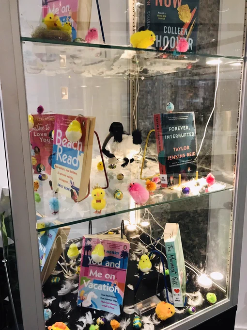 Glass display cabinet with books, fluffy chicks and a bin chicken stuffed toy.