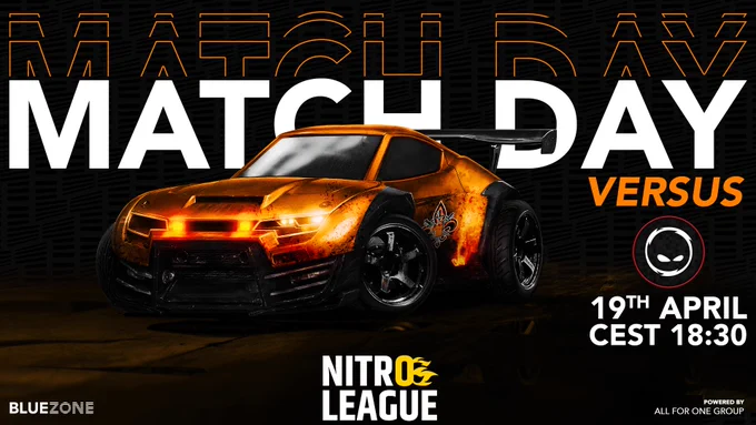 Spieltags Grafik um den heutigen Spieltag anzukündigen. Mittag zu sehen ist ein Auto im Rocket League Stil mit dem All for One Gaming Logo. 