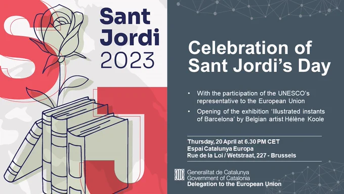 Sant Jordi 2023. Celebration of Sant Jordi's Day. Thursday 20 April at 6.40 PM CET. Espai Catalunya Europa.