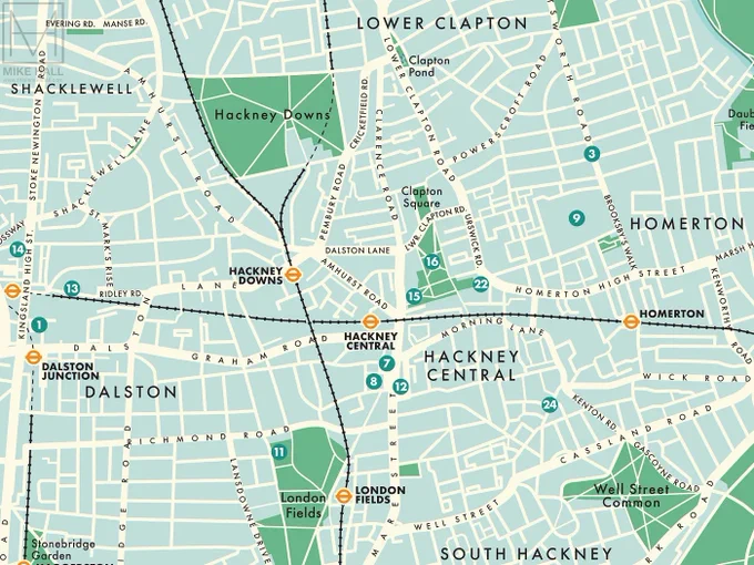 Illustrative map of Hackney by Mike Hall 
Web url:
https://www.behance.net/gallery/69758031/Concept-design-A-map-of-the-London-Borough-of-Hackney