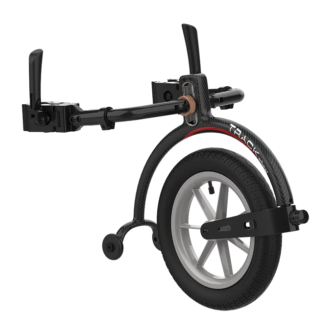 DOUBLE ARM, Carbon, 12'' Outdoor front wheel

Key Facts
Ultralight: 4,5 kg
No additional mounting parts necessary
High comfort due to large 12″ wheel
Pneumatic wheel with anti-flutter fork
Pleasant riding experience even on bumpy roads
Adjustable to many sizes
Double arm for foldable wheelchairs with integrated footrests