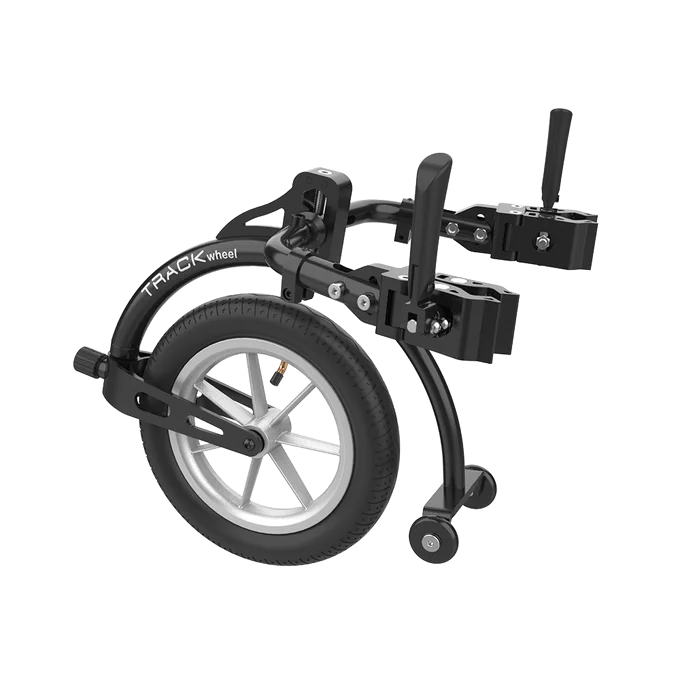DOUBLE ARM, Aluminium, 12'' Outdoor front wheel

Key Facts
Weight: 5,36 kg
No additional mounting parts necessary
High comfort due to large 12″ wheel
Pneumatic wheel with anti-flutter fork
Pleasant riding experience even on bumpy roads
Adjustable to many sizes
Double arm for foldable wheelchairs with integrated footrests