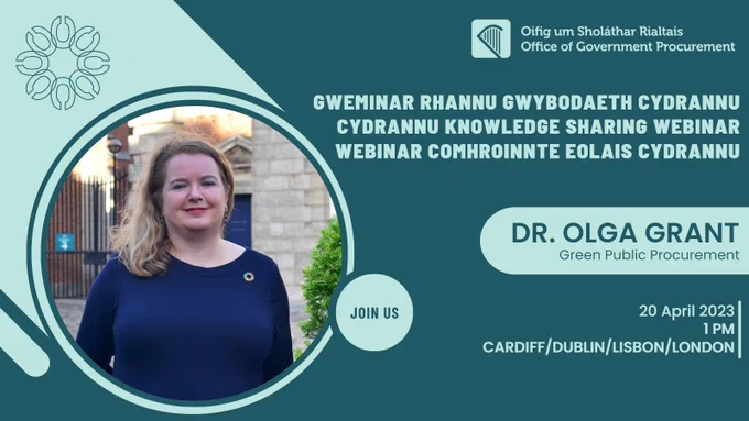 Picture of Dr Olga Grant with OGP and Cydrannu logos Text in Welsh/Irish/English saying: Cydrannu knowledge sharing session at 1 pm GMT