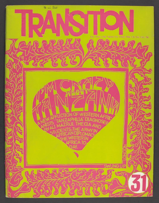 Very bright cover for 'Transition 31: I'm Crazy about Tanzania'. Features a neon green cover with bright pink details. There is a pink heart at the centre surrounded by a branching pattern. 