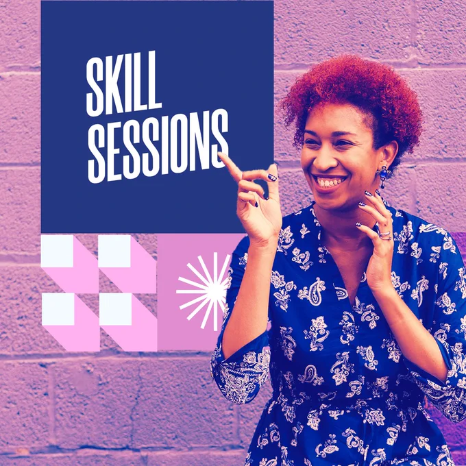 A purple-gradient photo of a young woman pointing at the Skill Sessions logo in the top right corner.