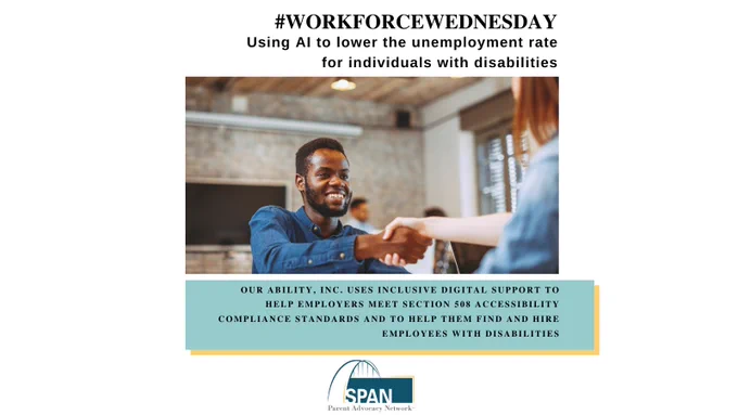 Graphic explains that Our Ability Inc. uses AI to connect employers with employees with disabilities and helps them meet Section 508 accessibility standards. A decorative photo is included of an interviewee shaking the hand of an interviewer.