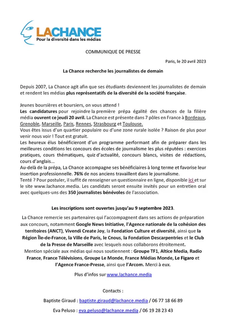 📢La Chance recherche les journalistes de demain

Les candidatures pour la promotion 2024 de la prépa La Chance sont officiellement ouvertes jusqu'au 9 septembre 2023.

Pour postuler, rendez-vous sur notre site : https://www.lachance.media/candidature-la-chance/