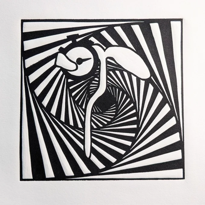Print of an Arabidopsis seedling clutching a stopwatch, in front of a spiral. 