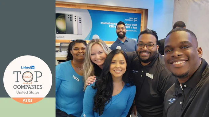 Image of team in AT&T shirts smiling. Side graphic of award logo that says "LinkedIn Top Companies 2023 United States AT&T"