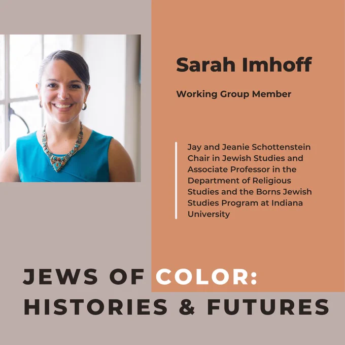 Peach and tan-colored graphic with image of Imhoff and list of professional titles:

Sarah Imhoff is the Jay and Jeanie Schottenstein Chair in Jewish Studies and Associate Professor in the Department of Religious Studies and the Borns Jewish Studies Program at Indiana University. 
