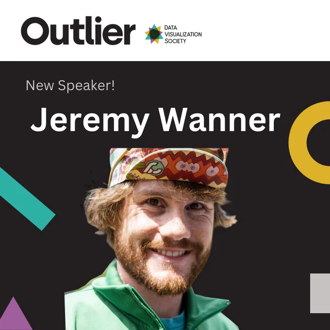 Black background with geometrical figures in different colours with a picture of a man in the middle, smiling. On top left, the text “New Speaker!”. Below, bigger font, Jeremy Wanner. On the upper left are the Outlier and DVS logos.