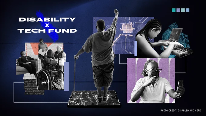 A collage of disabled demonstrators and disabled organizers over a dark purple background alongside technology patterns and images.