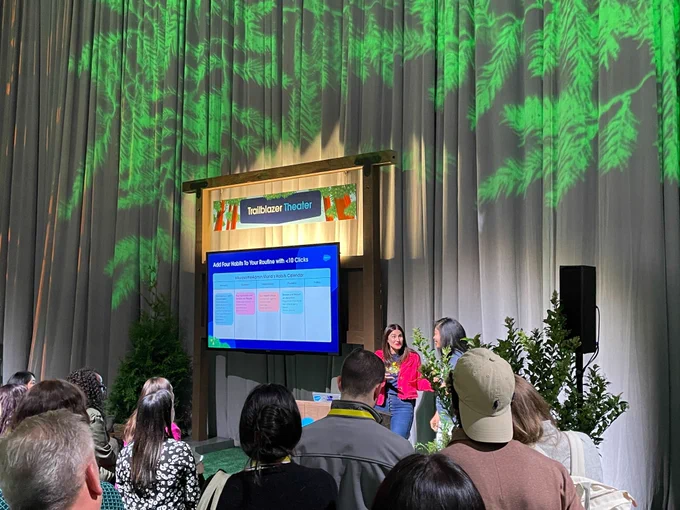 Lisa Dick and Christine Stevens presenting in the Trailblazer Theater at Salesforce World Tour D.C.