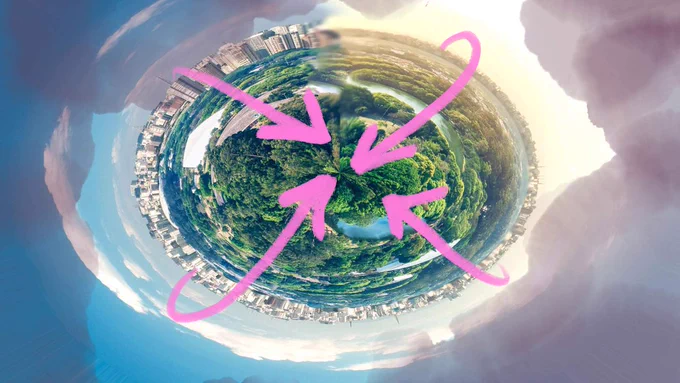 An edited photo of a sphere contains trees in its centre, with skyscrapers and buildings around its perimeter. The sphere is in the middle of the sky, surrounded by clouds. Four big pink hand-drawn arrows wrap around the sphere from behind, pointing to the trees in the centre.