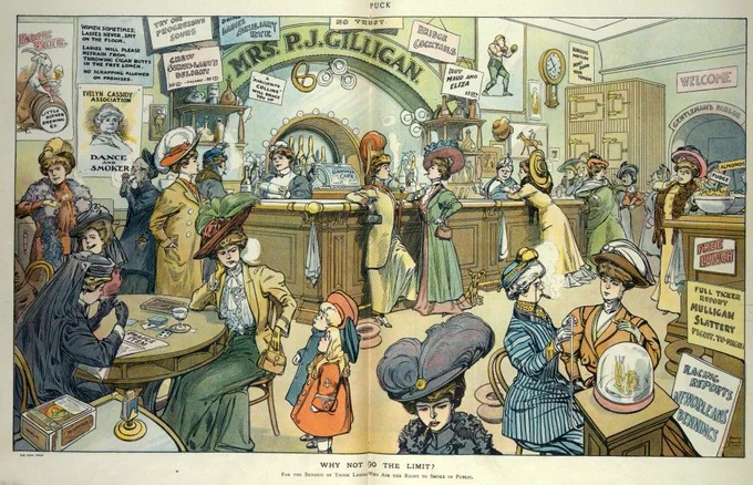 Illustration by Harry Grant Dart (1908). It shows a public house filled with well-dressed women, smoking and drinking. One woman looks scornfully at two children.