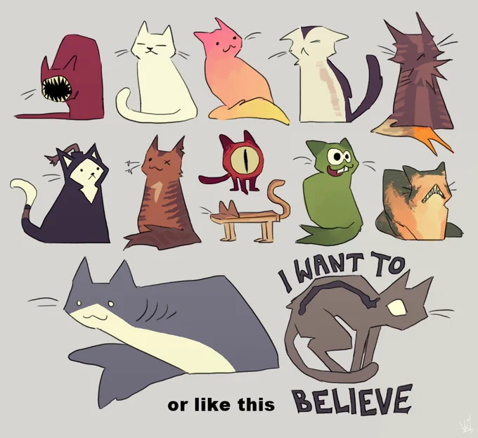 a continuation of the last drawing, showing an alternative version of what "catification" could mean. the text at the bottom says, "or like this". instead of just cat ears and whiskers, all of the 5-s fish are turned into full on actual cats. the only exceptions are the eyeball cat and the stickfish cat, which both look the same as their original form except given legs, cat ears, and a tail. the size 2 cat has "I WANT TO BELIEVE" written around it.