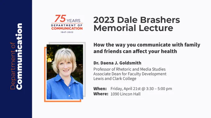 Poster for the 2023 Dale Brashers Memorial Lecture. The event will take place on Friday, April 21st from 3:30pm to 5 pm at 1090 Lincoln Hall.