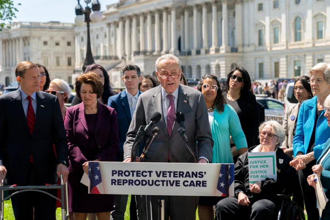 Senator Schumer speaking at a press conference on protecting reproductive care for veterans, April 19, 2023.