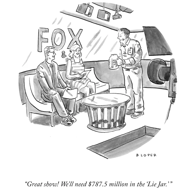 A producer approaches two Fox News hosts holding a jar. He says, “Great show! We’ll need $787.5 million in the ‘Lie Jar.’ ”