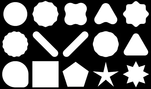 A sample of shapes that can be created with this library. Shapes are varied in points, roundness, and ridges