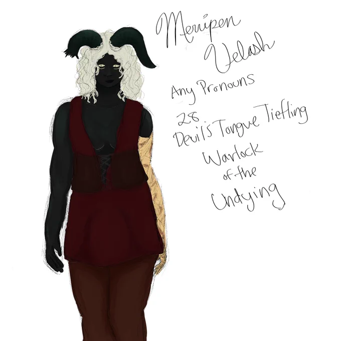 art of merripen, a black-opalescent tiefling with white hair and a broken horn. one of her arms is entirely wrapped in bandages from the shoulder down. they are wearing a red tunic, brown pants, and a brown corset.
