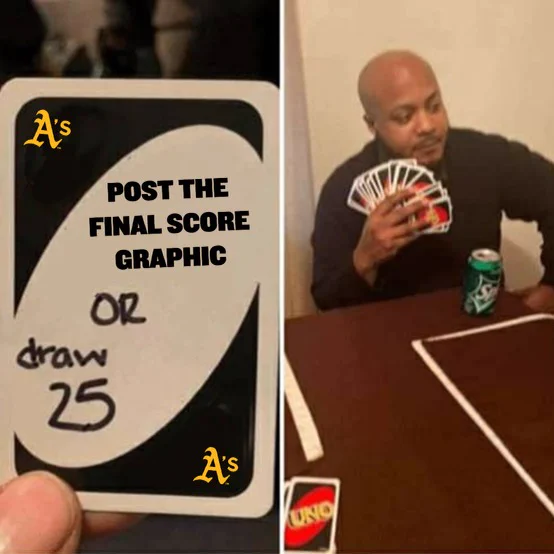 An image of a card that reads "post the final score graphic or draw 25" and a man holding up a hand of cards.