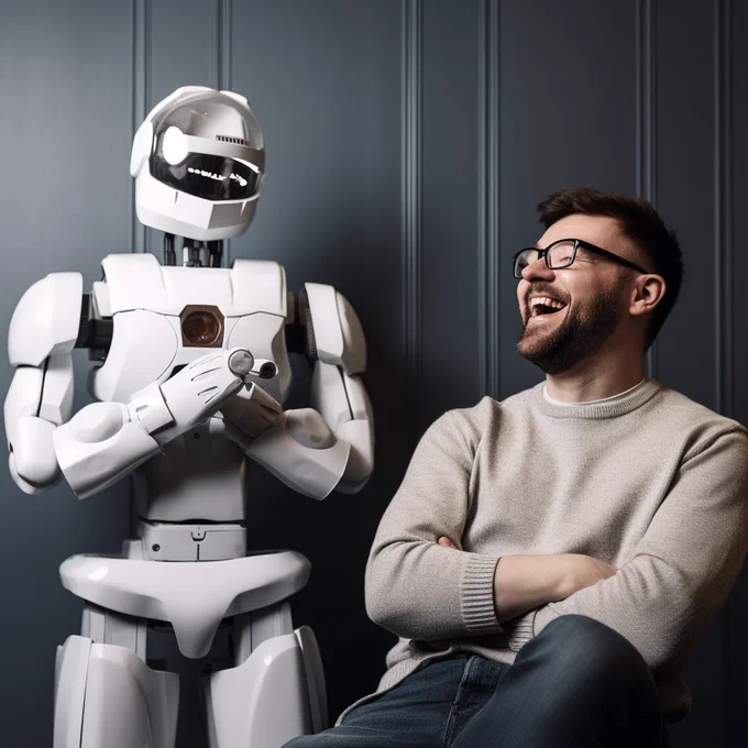 a robot and a man laughing joyfully